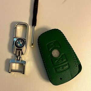 BMW logo Key Fob Keychain & Fob Case Cover in Green Leather NWT